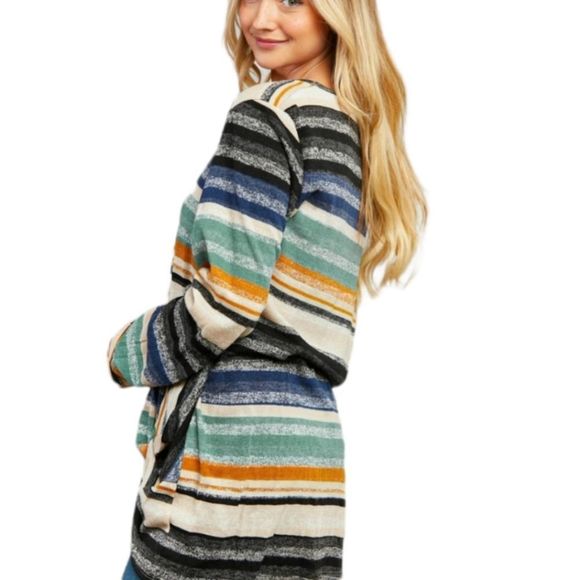 Multi Stripe Twist Hem Long Sleeve Blouse. Plus sizes 1X-3X - Picture 8 of 12